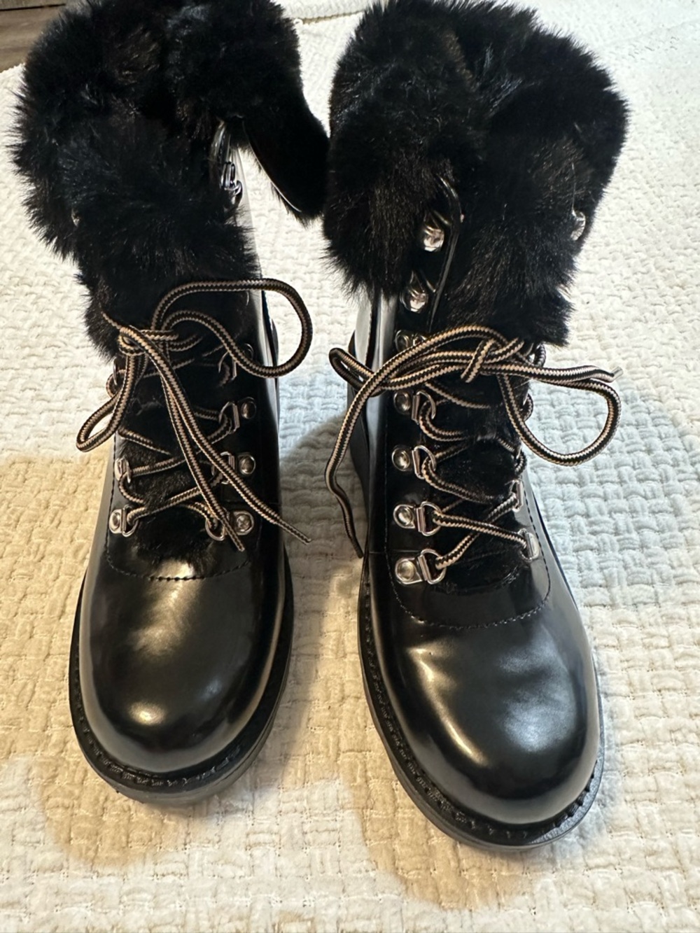 INC International Concepts Hannia Patent Lace-Up Wedge Booties Black Fur Sz8.5